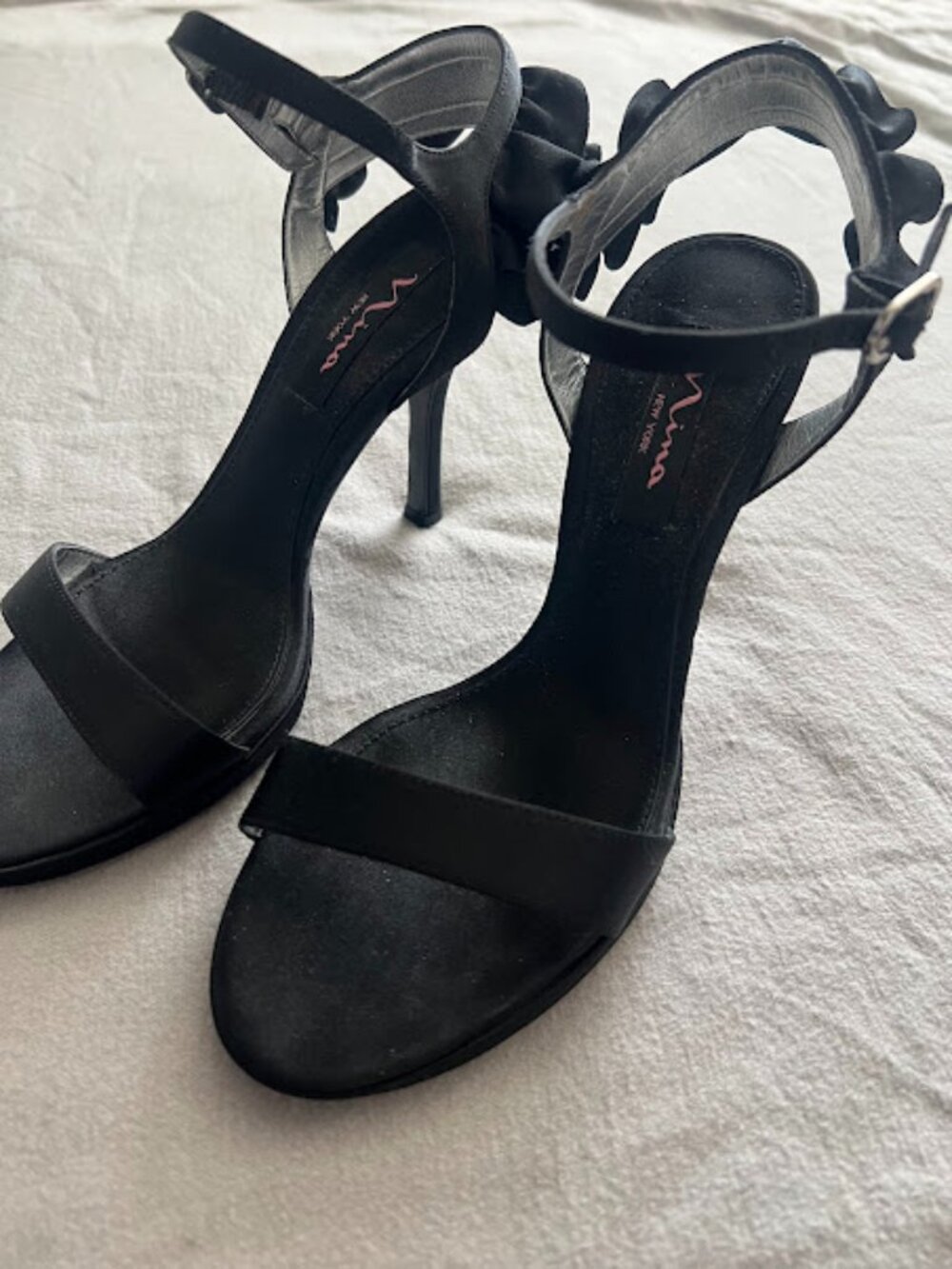 Nina Black Satin Floral Heels Ankle Strap Stiletto Pumps Size 7.5M